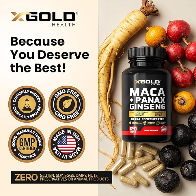 Maca Root Capsules 10000mg + Korean Panax Ginseng 1400mg - 20x Concentrated Extract Black + Red + Yellow Maca Root 10x Concentrated Extract Panax Ginseng Capsules - Ultra Potent &amp Highly Purifi