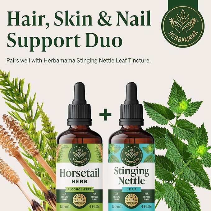HERBAMAMA Horsetail Herb Extract Drops - Vegan Hair Nail &amp Skin Care with Horsetail Leaves Tincture - Non-GMO Alcohol &amp Sugar-Free Liquid Hair Strengthening Supplement 84-Day Supply