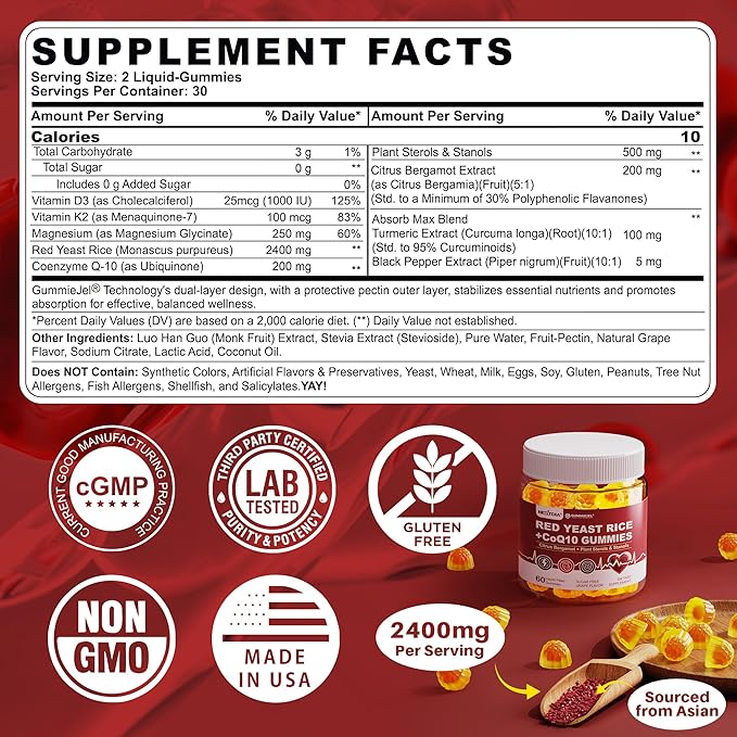 Suagr Free Red Yeast Rice Gummies 2400MG with CoQ10 + Collagen Gummies for Women &amp Men