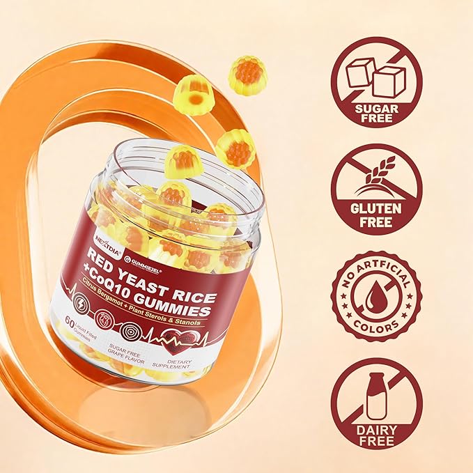 Red Yeast Rice Gummies 2400MG with CoQ10 Suagr Free Balanced Chṏlesterṏl Supplements Plus Citrus Bergamot Plant Sterols &amp Stanols Supports Vḁsculḁr Health Energy Immunity for Age 50+Vegan60