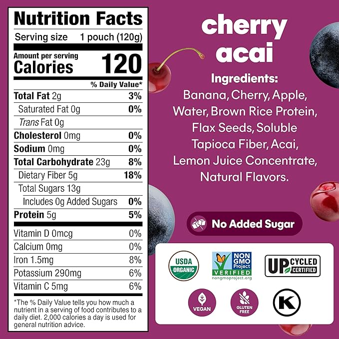 Noka Superfood Fruit Smoothie Pouches Cherry Acai Healthy Snacks with Flax Seed Plant Protein and Prebiotic Fiber Vegan and Gluten Free Snacks Organic Squeeze Pouch 4.22 oz 6 Count
