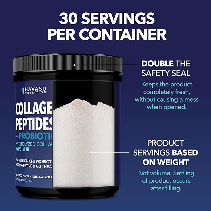 Collagen Peptides Powder with Probiotics - Grass-Fed Hydrolyzed Type I &amp III for Hair Skin and Nail Health - GLP-1 Nutritional Support for Digestion - Easy-to-Mix Unflavored 1-Month Supply