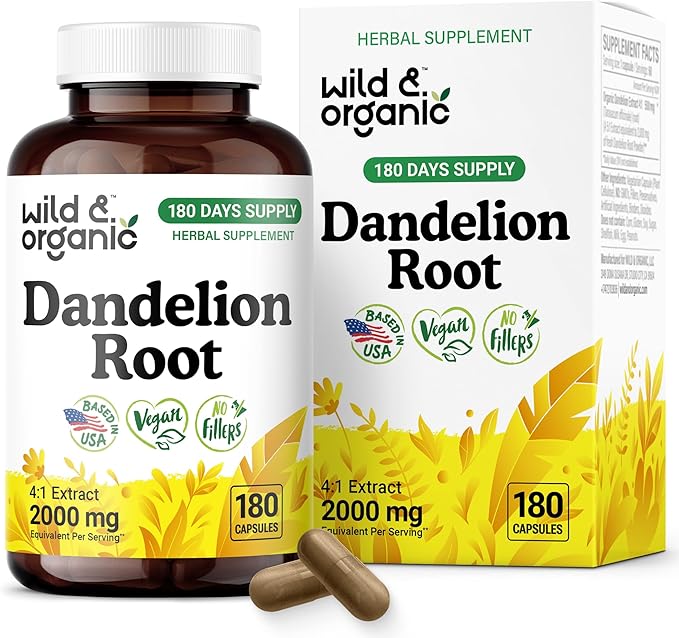 Wild &amp Organic Dandelion Root Capsules - Liver Supplement - 2000 mg of Fresh Dandelion Root Powder per Capsule - 180 Vegan Capsules - 6 Month Supply - No Fillers Non-GMO