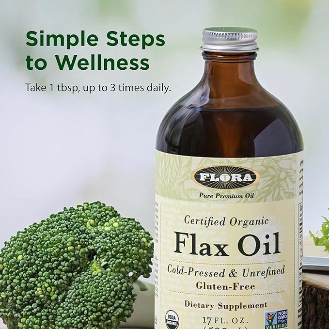 Flora - Flax Oil - Cold-Pressed Unrefined Organic Flax Seed Oil - Contains Omega-3 &amp Omega-6 - Non-GMO &amp Gluten-Free - Keep Chilled - 32 fl. oz. Amber Glass Bottle