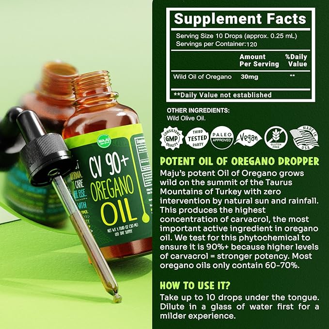 Maju Superfoods Oregano Oil Drops Potent 90%+ Carvacrol (1 fl Oz) Wild Mediterranean Essential Oil of Oregano Liquid Aceite de Oregano Immune and Seasonal Support (Pack of 2)