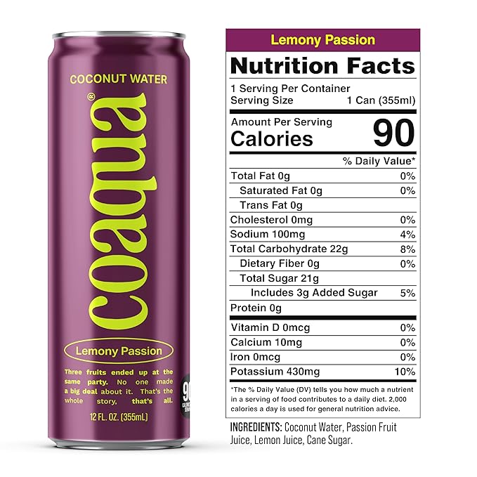 Coaqua Lemony Passion Coconut Water (12 Pack) Naturally Sweet Electrolyte Drink with Passion Fruit &amp Lemon Juice – Supports Immunity Digestion &amp Hydration – Zero Fat Gluten-Free – 12 fl oz