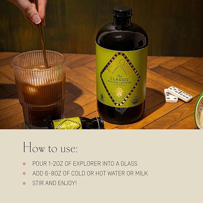 Explorer Cold Brew Organic Liquid Coffee Concentrate Classic Regular Caffeine Drink Iced or Hot 32 fl oz Makes 20+ Cups