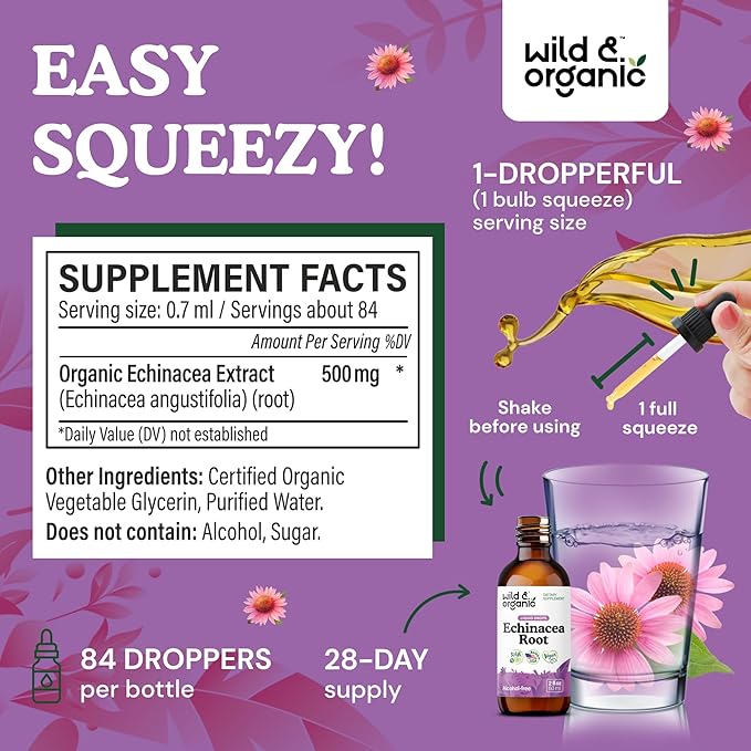 Wild &amp Organic Echinacea Tincture - Immune Support Drops with Liquid Echinacea Root Extract - Angustifolia Supplements - Vegan Sugar &amp Alcohol-Free - 2 fl oz