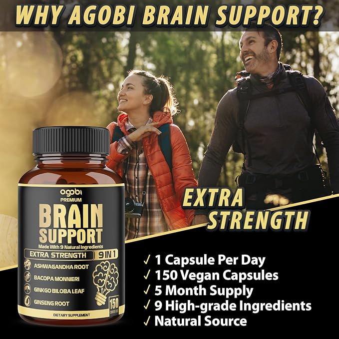 agobi 9in1 Brain Support Supplement - Blended with Ashwagandha Panax Ginseng Gotu Kola Ginkgo Biloba Black Pepper &amp More - Accuracy Focus Memory &amp Energy Booster - 150 Capsules for 5 Mon