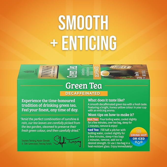 Twinings Decaffeinated Green Tea Individually Wrapped Bags 20 Count (Pack of 6) Smooth Flavour Enticing Aroma Enjoy Hot or Iced 120 Teabags