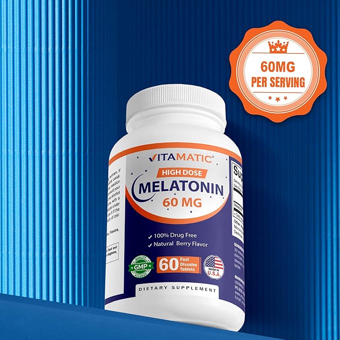 Vitamatic Melatonin 60 mg Fast Dissolve Tablets - 60 Vegan Natural Berry Flavor Tablets - Non-Habit Forming - Non-GMO Gluten Free (2 Bottles)