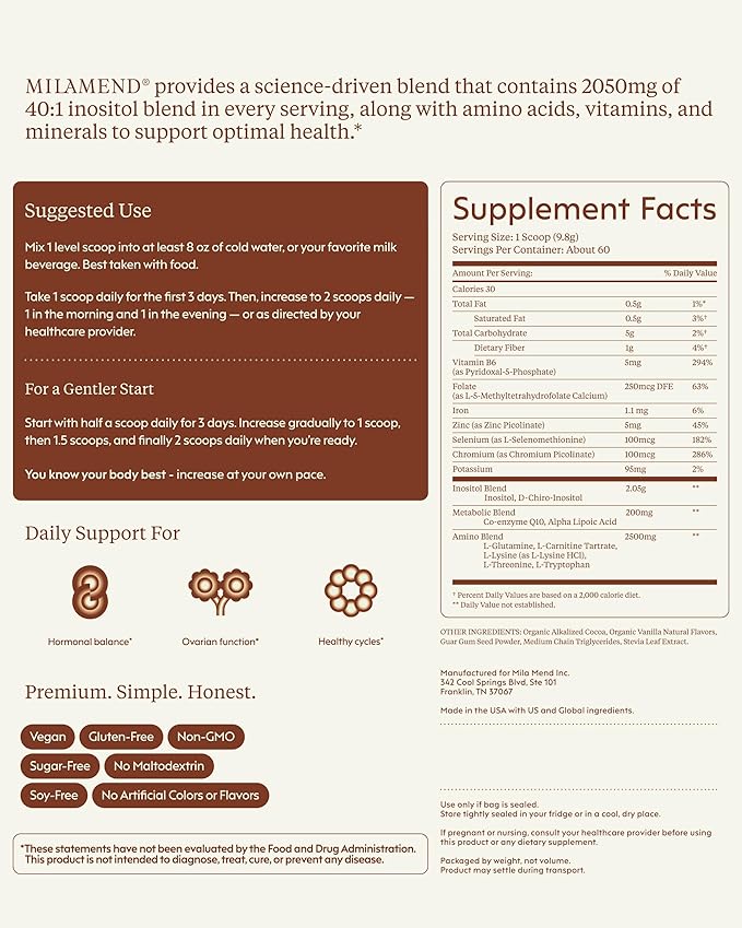 milamend Hormone Balance for Women 40:1 Myo-Inositol D-Chiro Inositol Supplement + CoQ10 ALA &amp Amino Acids – Fertility Ovarian &amp Cycle Support – Chocolate Powder – 30-Day Supply