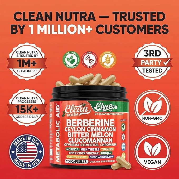 Clean Nutra Berberine and Ceylon Cinnamon Supplement Bitter Melon Glucomannan Gymnema Sylvestre Chromium Moringa Milk Thistle Turmeric Apple Cider Vinegar Digestive Enzymes Inositol Pills 90 Capsules