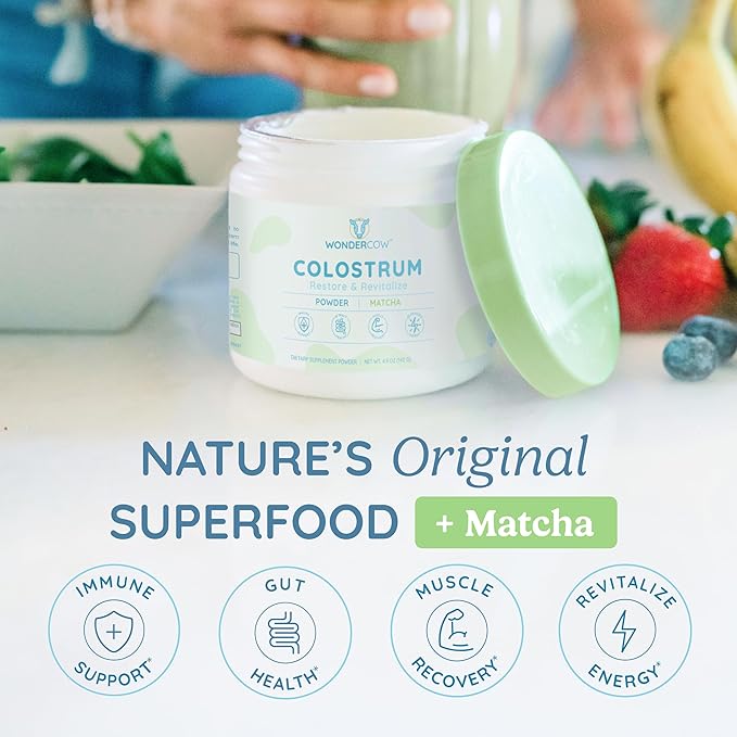 WONDERCOW Colostrum Supplement Powder for Gut Health Immune Support &amp Wellness | Natural IgG Pure Whole Bovine Colostrum Superfood Matcha 60 Servings