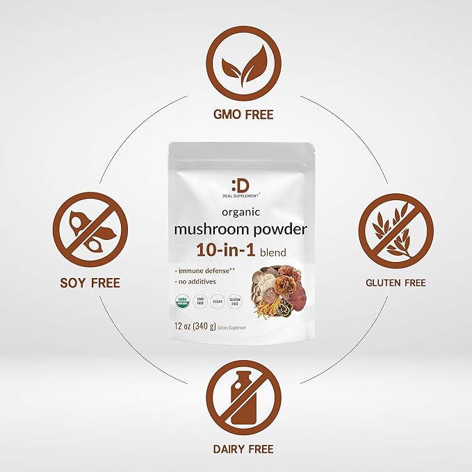 DEAL SUPPLEMENT Organic Mushroom Powder Supplement 12oz – 10 in 1 Active Blend – Shiitake Lions Mane Cordyceps Chaga with More –Supports Immune Energy &amp Brain Health – Non-GMO Vegan