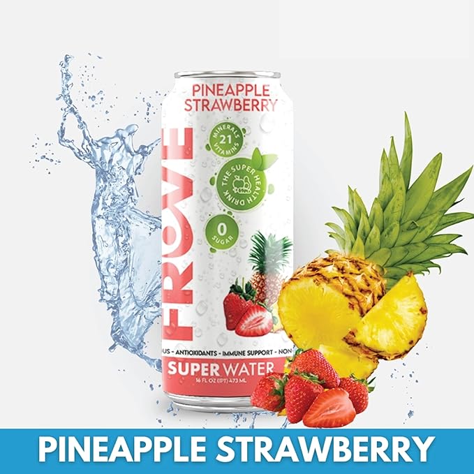 FrUve Super Water | Pineapple Strawberry Flavor | 12 16oz Cans | Healthy Drink | Zero Sugar | Low Calorie Drink | Powerful Antioxidants | Boosts Immune System | NON-GMO | The Super Health Drink