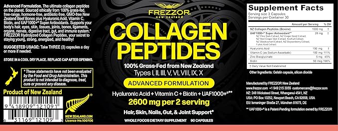 FREZZOR Collagen Peptides with UAF1000+ 100% Grass-Fed New Zealand Cattle Source Hydrolyzed Joint Skin Hair &amp Nail Support Amino Acids Anti-Aging 270 Capsules 3 Bottles