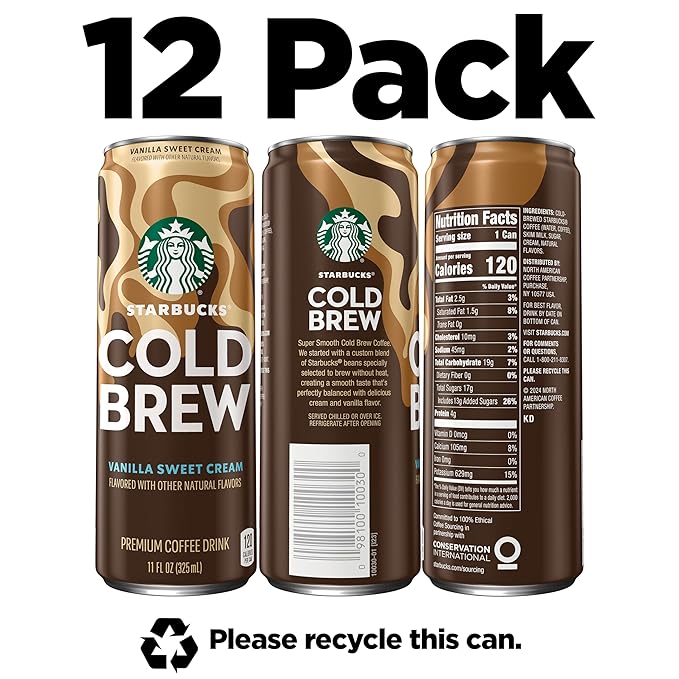 Starbucks Cold Brew Coffee Vanilla Sweet Cream 11 fl oz Cans (12 Pack) Premium Coffee Drink Iced Coffee