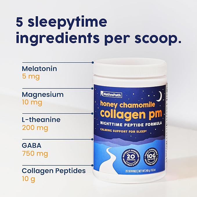 NativePath Collagen PM - Honey Chamomile Nighttime Collagen Peptides Powder with Magnesium GABA L-Theanine and Melatonin - 20 Servings