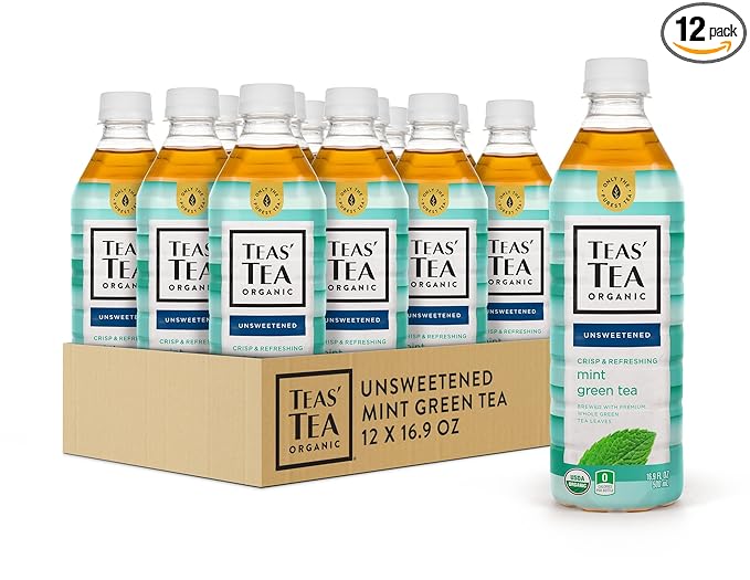 Teas' Tea Unsweetened Mint Green Tea 16.9 Fl Oz (Pack of 12) Organic Sugar Free Zero calorie