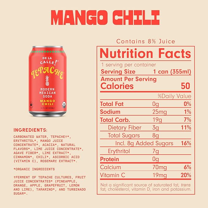 De La Calle Tepache - Mango Chili - Modern Mexican Soda - Craft Fermented Pineapple Sparkling Beverage - Certified Organic Antioxidant Rich Non-Alcoholic Healthy Soda Low Sugar Low Calorie Non-G