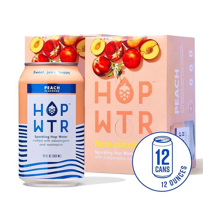HOP WTR Sparkling Hop Water Peach 12 Pack Sugar Free Low Carb Non Alcoholic Drinks NA Beer Adaptogen Drink No Calories Adaptogens &amp Nootropics for Added Benefits 12 oz Cans