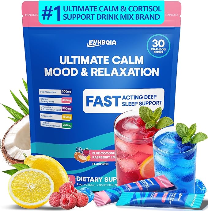 Ultimate Calm Super Cortisol Reducer Supplement Drink - Sleep Aid Magnesium Glycinate Powder Ashwagandha L Theanine Holy Basil Vitamin D3 Supports Relax Focus Mood No Sugar Mixed Flavor 30ct
