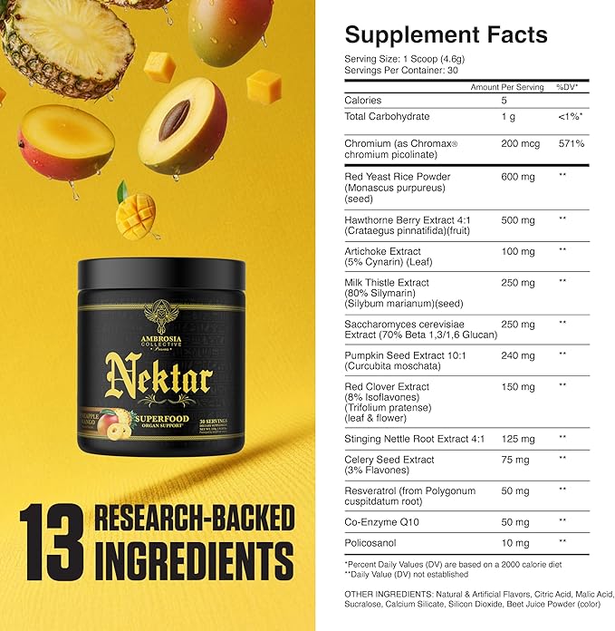 Ambrosia Nektar - Superfood Powder | Daily Organ Support Supplement | Greens Powder Alternative | 13 Superfoods for Energy Digestion Skin Health &amp Immune Support | 30 Servings | Pineapple Mango