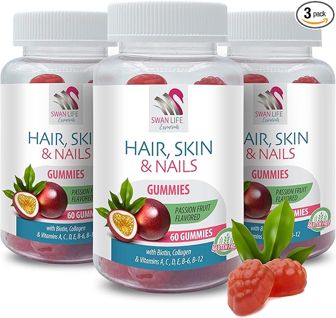 Boost Your Natural Beauty - HAIR SKIN &amp NAILS GUMMIES - Vitamins A B C D E PABA Collagen Passion Fruit aroma Beauty Routine Healthy Habits Antioxidant gummies 3 Bottles 180 Gummies