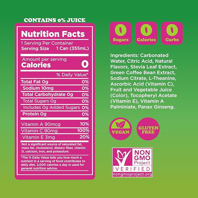FEEL Zero Sugar Natural Energy Drink – Dragonfruit Lime 140 mg Plant-Based Caffeine with L-Theanine for Focus &amp Vitamin C for Immunity Vegan Non-GMO No Artificial Sweeteners 12 Fl Oz Cans (12