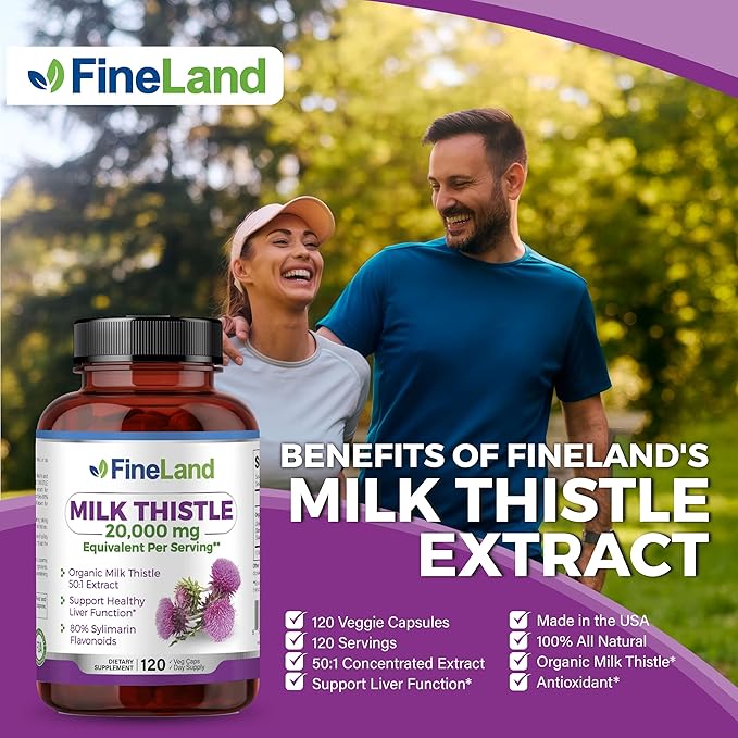 FineLand Milk Thistle Pills 50:1 Extract with 80% Silymarin Flavonoids – Liver &amp Antioxidant Support - 50X Concentrated Seed Extract -120 Vegan Capsules Non-GMO Made in USA