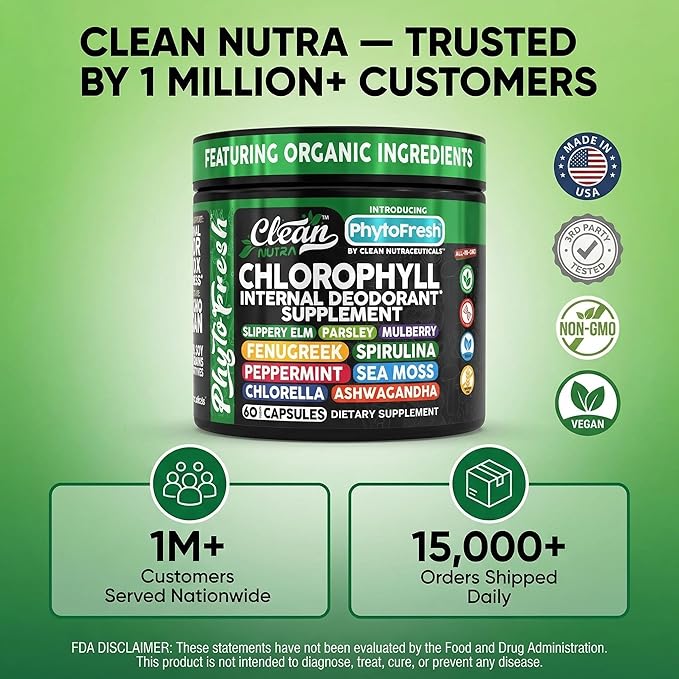 Clean Nutra Chlorophyll Capsules Supplement Internal Deodorant Peppermint Sea Moss Parsley Chlorella Spirulina Slippery Elm Ashwagandha PhytoFresh Greens Detox Pills