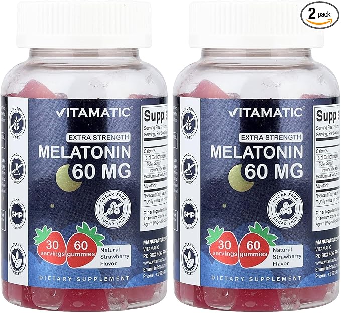 Vitamatic Sugar Free Melatonin 60 mg - 60 Vegetarian Gummies - Non-Habit Forming Supplement (Pack of 2)