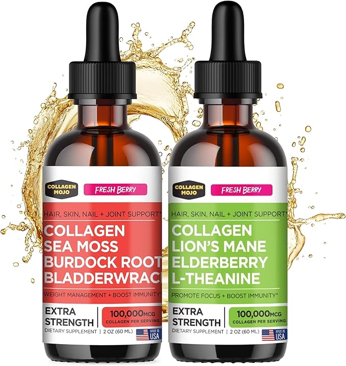 Collagen Mojo Liquid Collagen Peptides with Sea Moss Burdock Root &amp Bladderwrack + Liquid Collagen Peptides with Lions Mane Mushroom Elderberry &amp L-Theanine