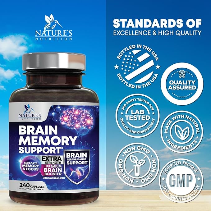 Brain Memory Supplement Pills - 3X Strength Nootropics for Concentration Clarity &amp Focus Support - Brain Health Cognitive Vitamins with Bacopa Phosphatidylserine &amp DMAE Brain Booster - 240
