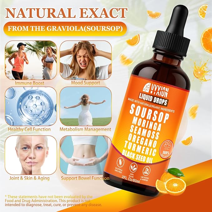 Soursop Bitters Liquid Drops 10 in 1 with Sea Moss Moringa Turmeric Black Seed Oil Oregano Ashwagandha | Herbal Extracts for Overall Health-Enhancing | Vegan Non-GMO | 2 Fl Oz (Orange flavor)