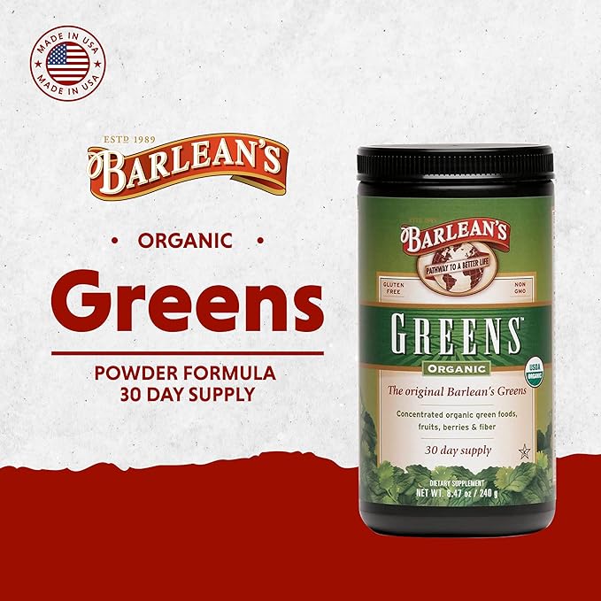 Barlean's Organic Greens Powder Daily Fruit and Vegetable Superfood Supplement with Green Food Protein Probiotic Blend and Fiber Drink Mix 8.47 oz