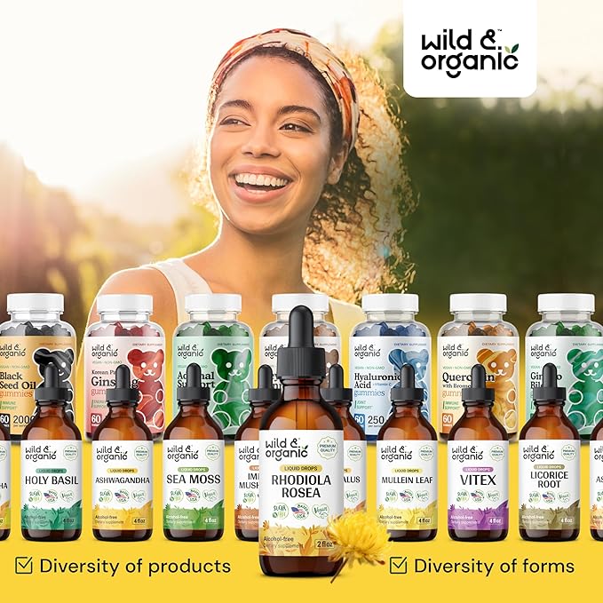 Wild &amp Organic Rhodiola Rosea Tincture - Mood Support - Relaxing Rhodiola Supplement - Root Extract Liquid Drops - Vegan Sugar &amp Alcohol-Free - 2 fl oz