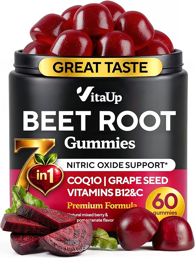 Beet Root Gummies – Beetroot Supplement with CoQ10 Grape Seed Vitamin C B12 &amp B3 – Nitric Oxide Gummies for Circulation Support – Beet Supplement for Energy &amp Immune Support – 60 Beets Chew