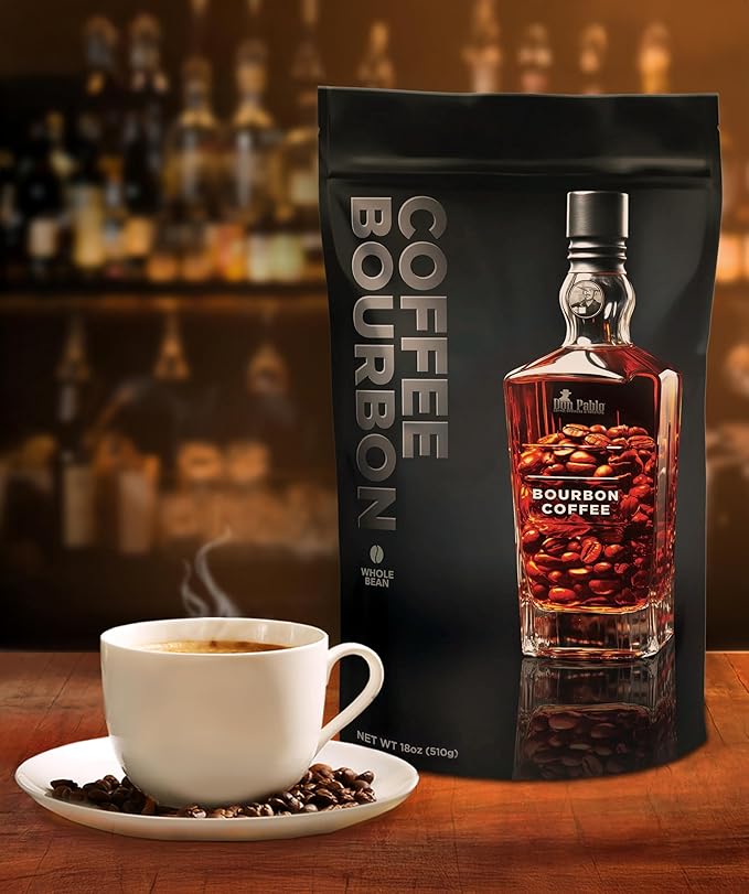 Don Pablo Bourbon Infused Coffee – Medium Roast 100% Arabica Whole Bean Real Bourbon Infused Low Acidity Non-GMO Small-Batch Roasted Specialty Gourmet Coffee 18 oz Bag (510 g)