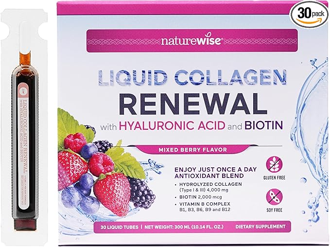 NatureWise Hydrolyzed Liquid Collagen for Women &amp Men 4000mg - High Absorption Type 1 &amp 3 Peptides with Biotin + Vitamin C + Vitamin B Complex &amp Hyaluronic Acid -Mixed Berry - 30 Tubes[30