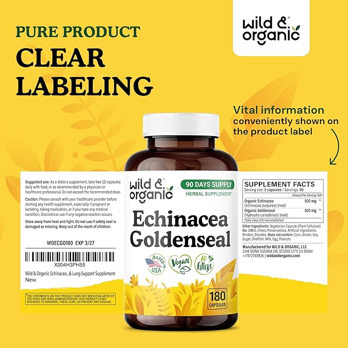 Wild &amp Organic Echinacea Goldenseal Capsules - Immune &amp Lung Support - Echinacea Extract Supplement - Hydrastis Canadensis &amp Purpurea - Vegan No Fillers Non-GMO - 180 Count