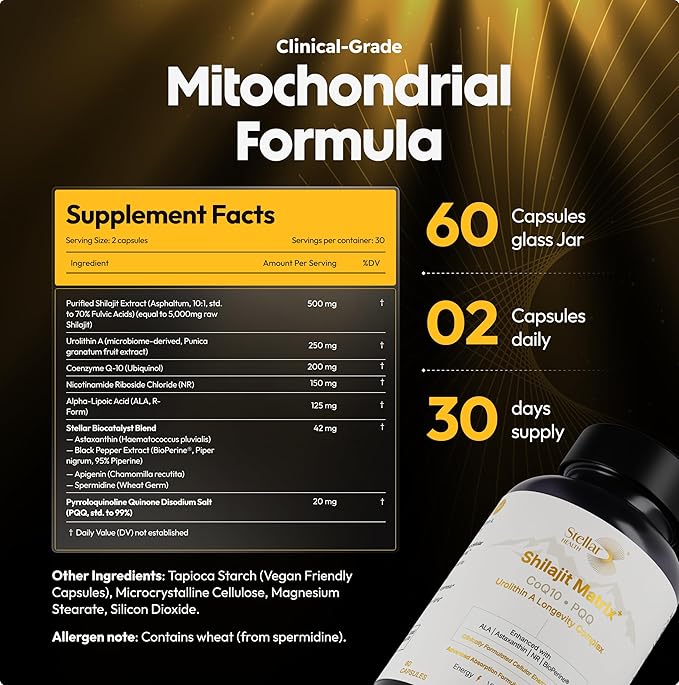 Clinical Mitochondrial Complex - Shilajit 5787mg Extract Equivalent NAD+ Boost - Ubiquinol CoQ10 Urolithin A NR PQQ ALA Astaxanthin - Energy Focus Strength - 60 Vegan Capsules