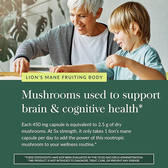 Gaia Herbs Lion's Mane Mushroom - Brain &amp Nerve Health Support* - 40 Vegan Capsules (40 Servings)