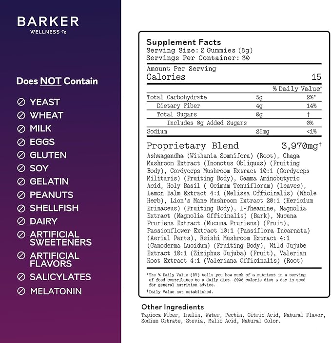Barker Wellness Nighttime Vegan Sugar-Free Adaptogen Mushroom Gummies – Reishi Lion's Mane Chaga Cordyceps for Calm Rest &amp Recovery – Non-GMO Sleep Support &amp Relaxation Supplement 60 Coun