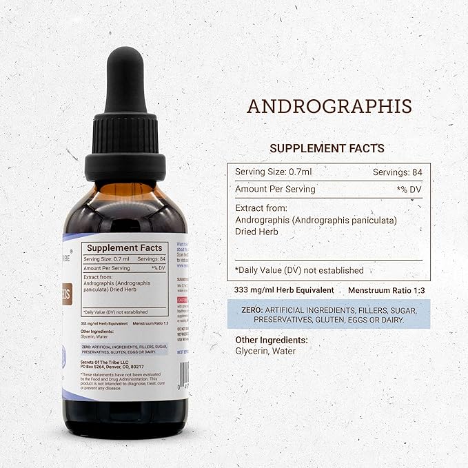 Secrets of the Tribe Andrographis Alcohol-Free Liquid Extract Fah talai jone Chuan Xin Lian Andrographis paniculata Tincture Supplement (2 FL OZ)