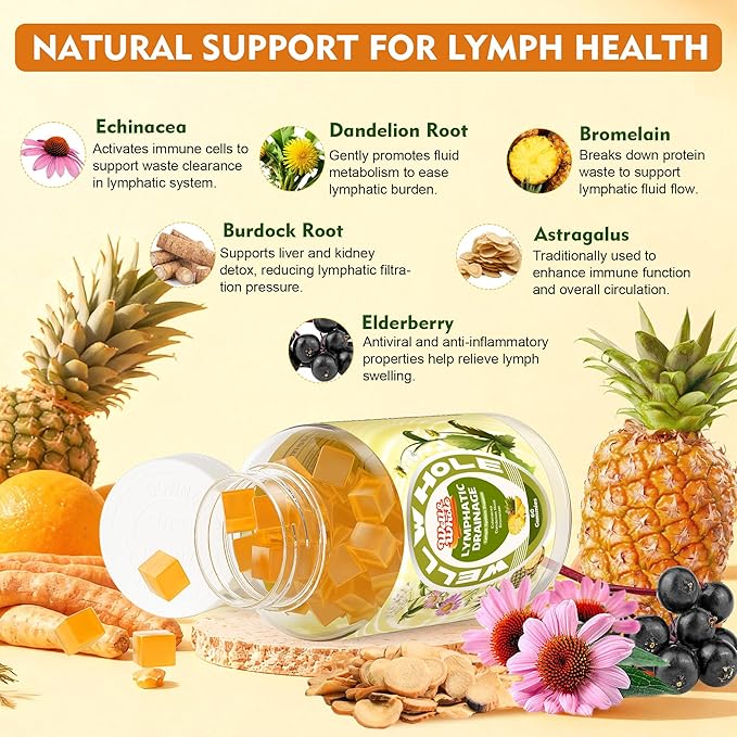 Well&ampWhole Lymphatic Drainage Gummies Lymphatic Drainage Supplements with Echinacea Dandelion Burdock Lymph System Support Lymph Detox Cleanse &amp Immune Support Pineapple Vagan 60 Gummi