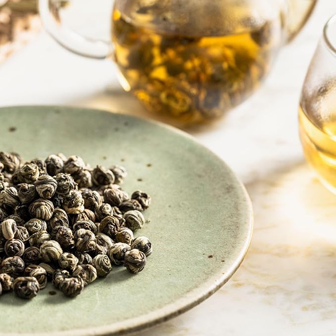Rishi Tea Jasmine Pearls Green Tea - Caffeinated Loose Leaf Hand-Rolled with Floral Aroma &amp Taste - 4 Ounces 10+ Servings
