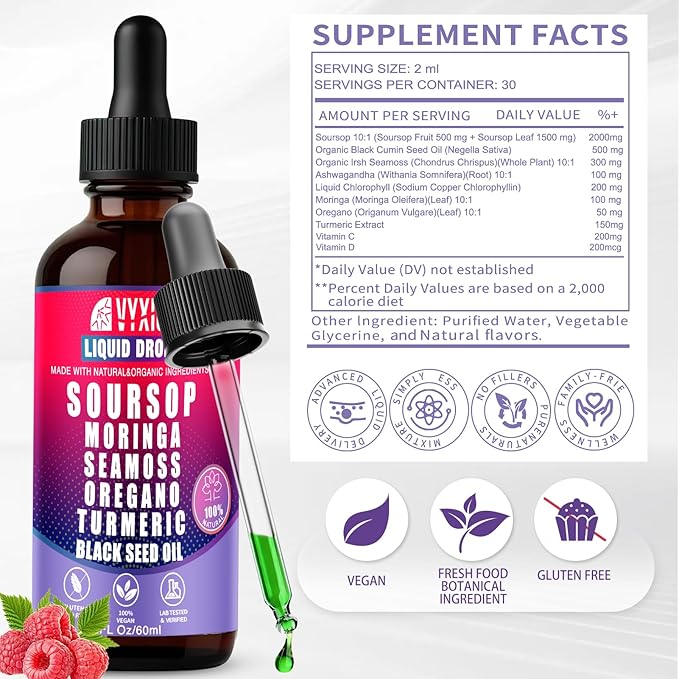 Soursop Bitters Liquid Drops 10 in 1 with Sea Moss Moringa Turmeric Black Seed Oil Oregano Ashwagandha | Herbal Extracts for Overall Health-Enhancing |Vegan Non-GMO| 2 Fl Oz(Mixed Berry Flavor)