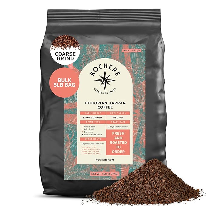 Ethiopian Harrar Coffee French Press Grind Medium Roast 5LB – Single Origin Fair Trade Specialty Beans with Chocolate &amp Fruity Notes Fresh Roasted to Order